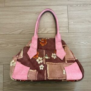Vivienne Westwood Pink & Brown Floral Hibiscus Patchwork Top-Handle Shoulder Bag